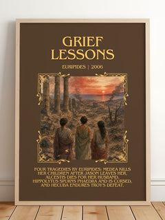 Grief Lessons Minimalist Book Poster by Euripides – framed print leaning on a wooden floor