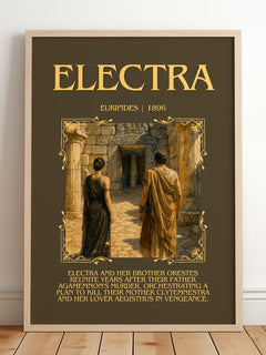 Electra Minimalist Book Poster by Euripides – framed print leaning on a wooden floor