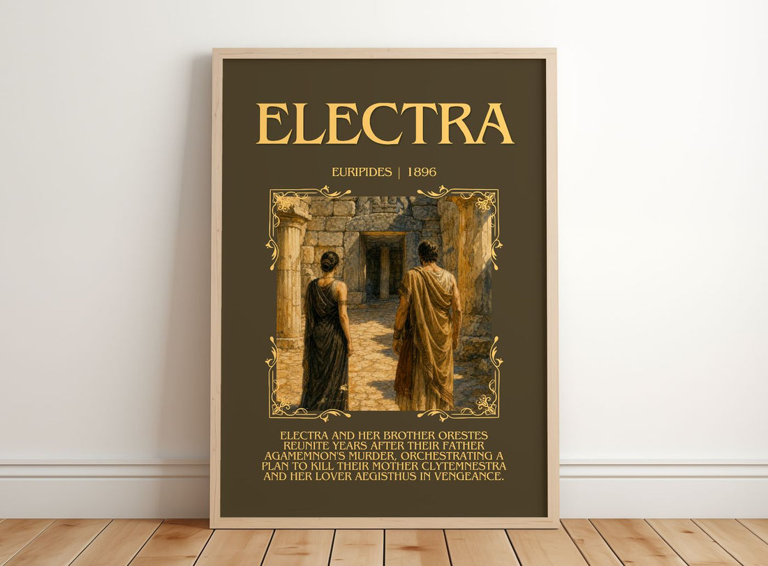 Electra Minimalist Book Poster by Euripides – framed print leaning on a wooden floor