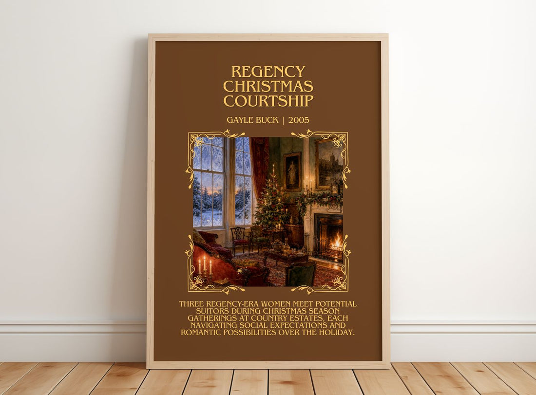 Regency Christmas Courtship Minimalist Book Poster by Gayle Buck – framed print leaning on a wooden floor
