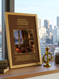 Regency Christmas Courtship Minimalist Book Poster by Gayle Buck – framed print on a city-view windowsill