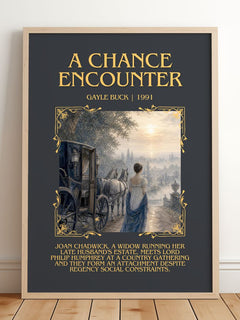 A Chance Encounter Minimalist Book Poster by Gayle Buck – framed print leaning on a wooden floor