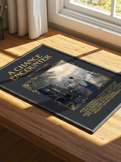A Chance Encounter Minimalist Book Poster by Gayle Buck – print on a sunlit desk