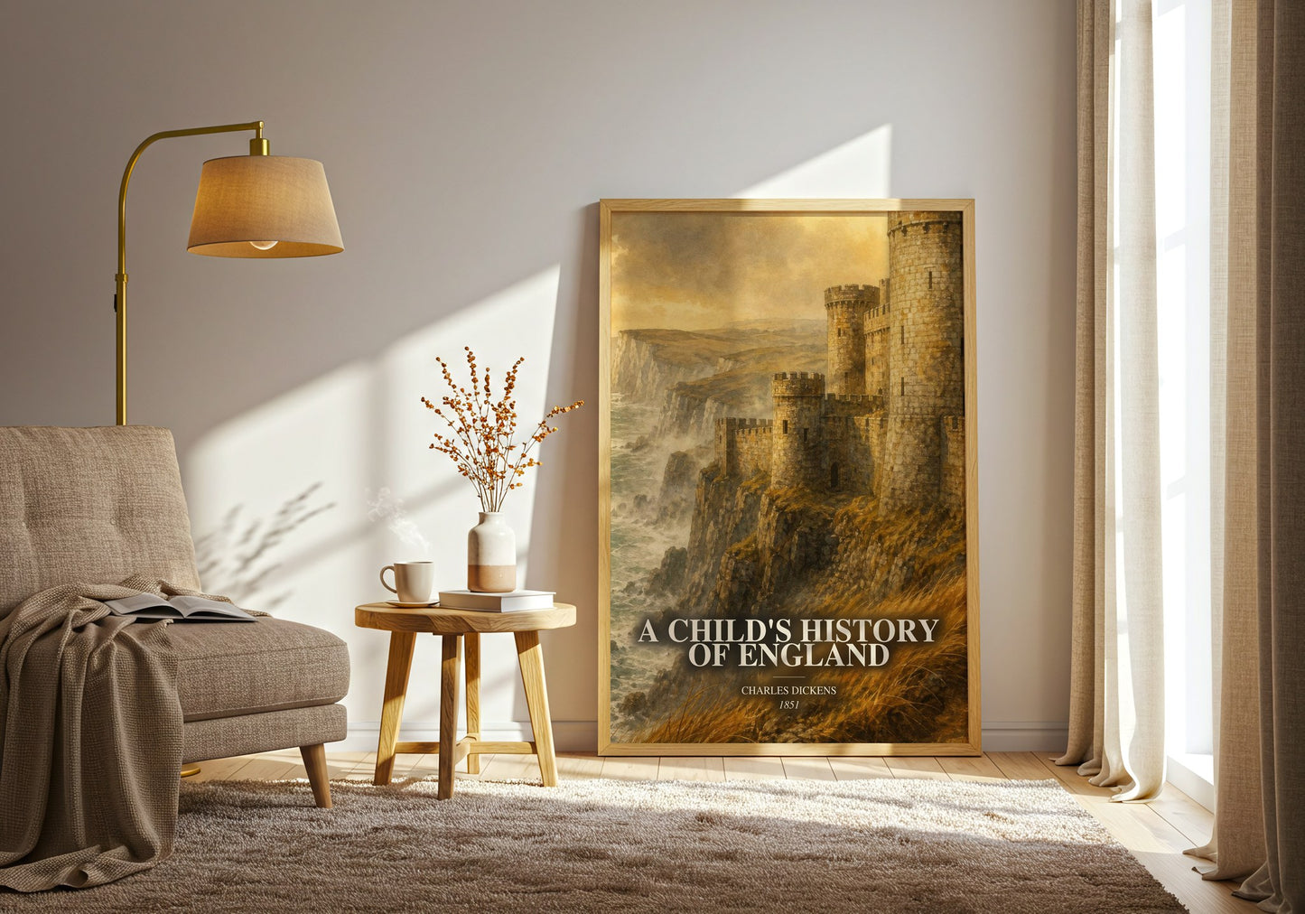 A Child'S History Of England watercolour print in frame leaning in hallway – non fiction wall art