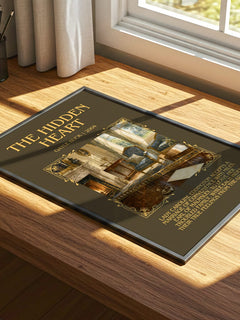 The Hidden Heart Minimalist Book Poster by Gayle Buck – print on a sunlit desk