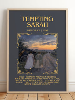 Tempting Sarah Minimalist Book Poster by Gayle Buck – framed print leaning on a wooden floor