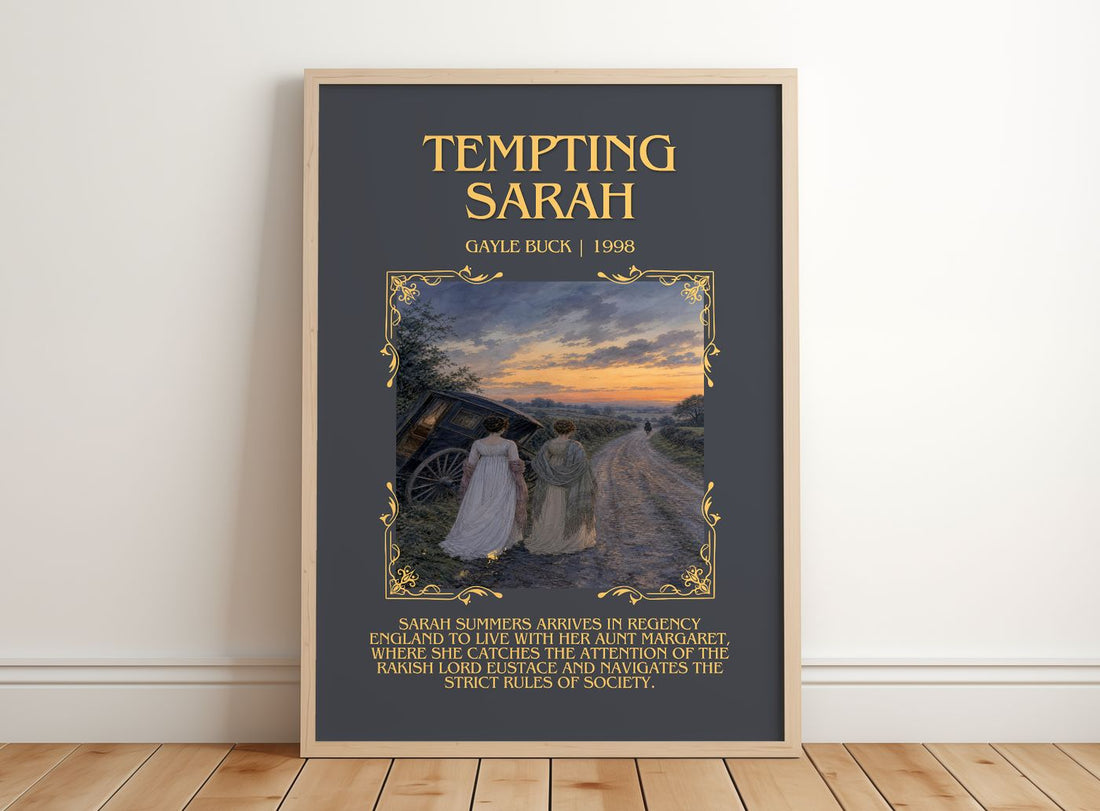 Tempting Sarah Minimalist Book Poster by Gayle Buck – framed print leaning on a wooden floor