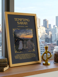 Tempting Sarah Minimalist Book Poster by Gayle Buck – framed print on a city-view windowsill