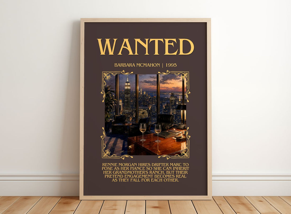 Wanted Minimalist Book Poster by Barbara McMahon – framed print leaning on a wooden floor