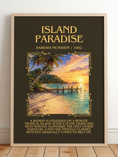 Island Paradise Minimalist Book Poster by Barbara McMahon – framed print leaning on a wooden floor