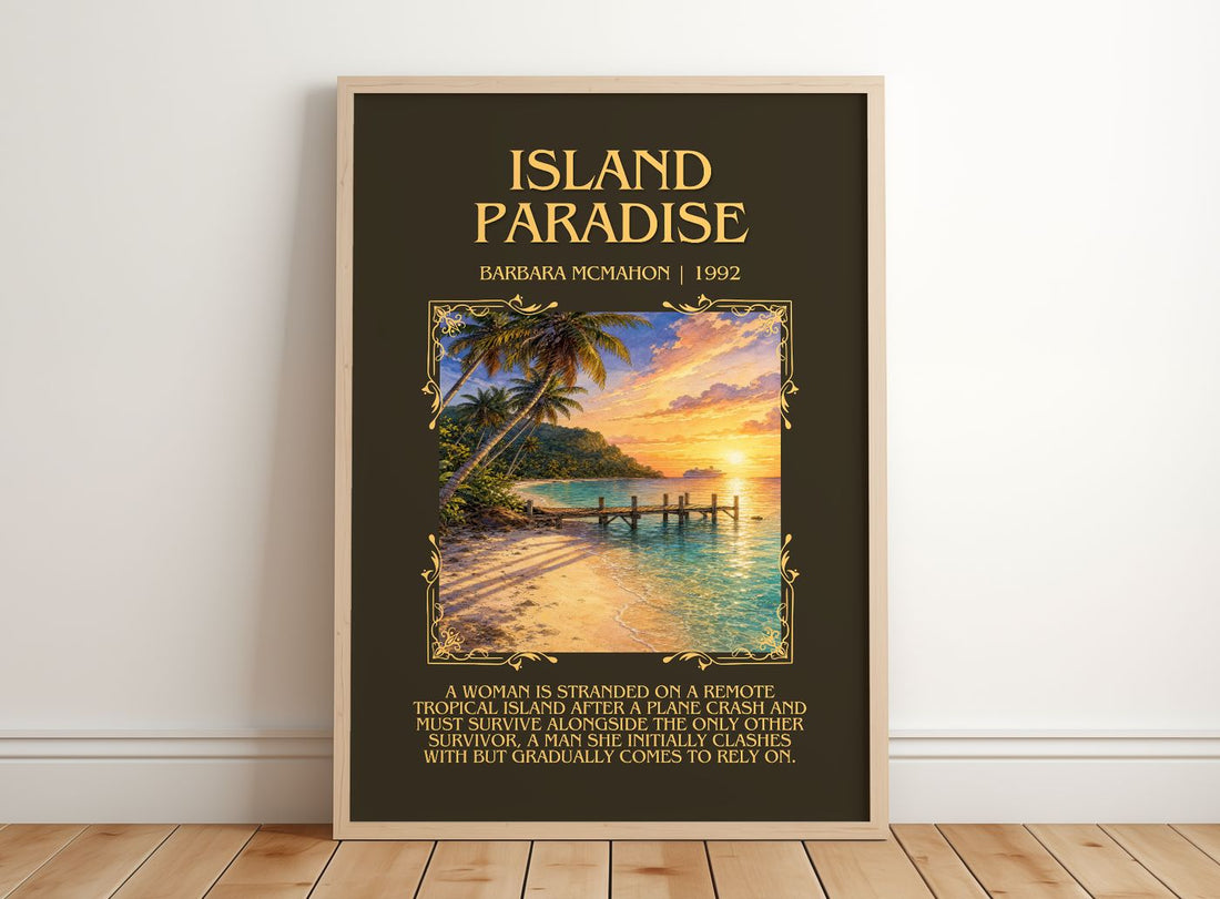 Island Paradise Minimalist Book Poster by Barbara McMahon – framed print leaning on a wooden floor