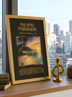 Island Paradise Minimalist Book Poster by Barbara McMahon – framed print on a city-view windowsill