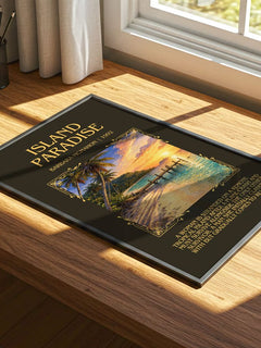 Island Paradise Minimalist Book Poster by Barbara McMahon – print on a sunlit desk