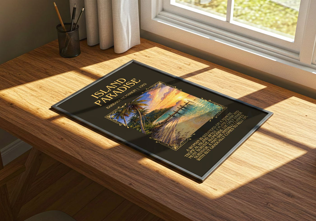Island Paradise Minimalist Book Poster by Barbara McMahon – print on a sunlit desk
