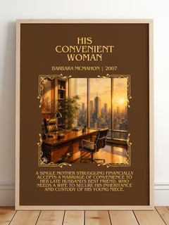 His Convenient Woman Minimalist Book Poster by Barbara McMahon – framed print leaning on a wooden floor