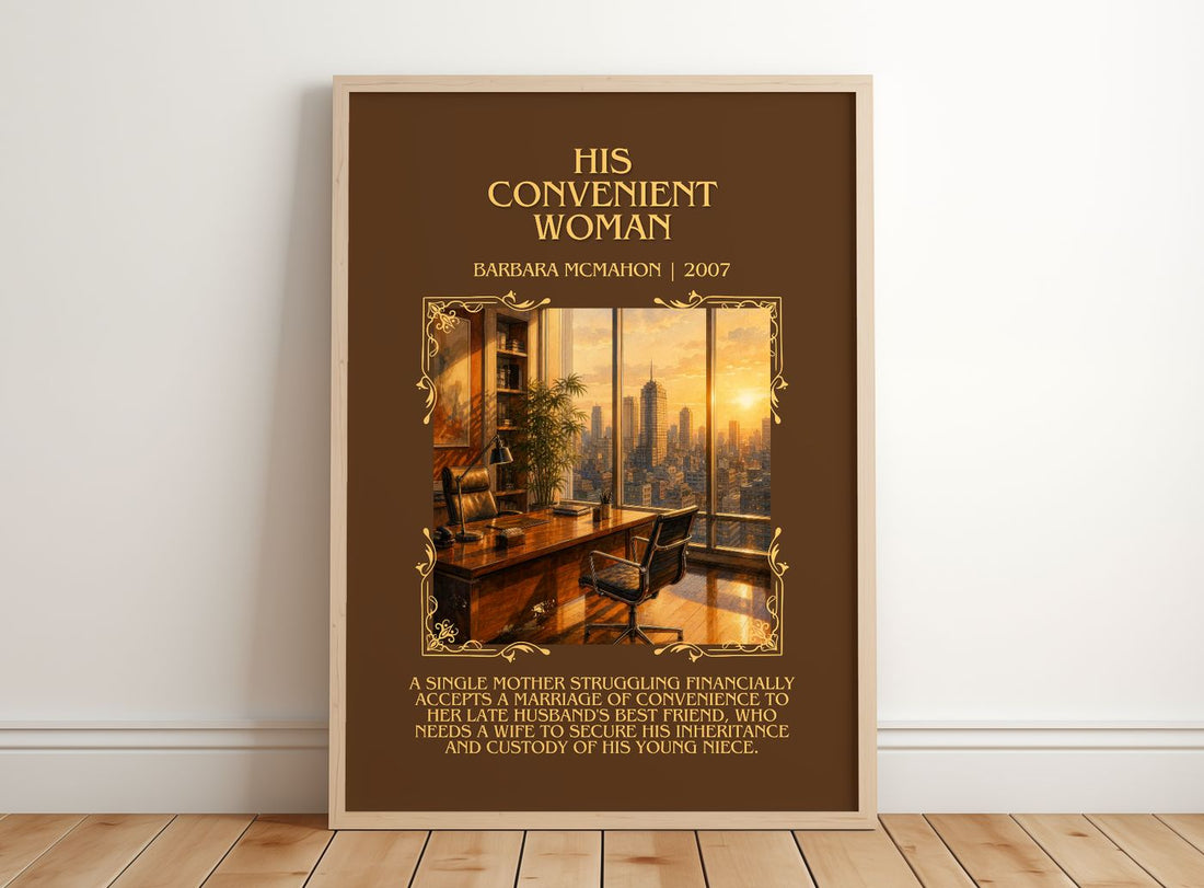 His Convenient Woman Minimalist Book Poster by Barbara McMahon – framed print leaning on a wooden floor