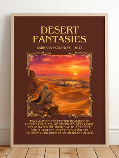 Desert Fantasies Minimalist Book Poster by Barbara McMahon – framed print leaning on a wooden floor