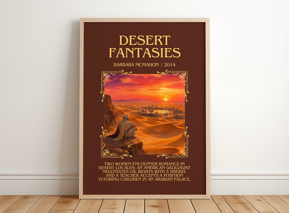 Desert Fantasies Minimalist Book Poster by Barbara McMahon – framed print leaning on a wooden floor