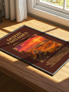 Desert Fantasies Minimalist Book Poster by Barbara McMahon – print on a sunlit desk