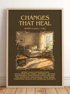 Changes That Heal Minimalist Book Poster by Henry Cloud – framed print leaning on a wooden floor