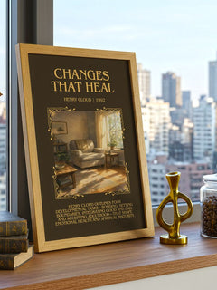 Changes That Heal Minimalist Book Poster by Henry Cloud – framed print on a city-view windowsill