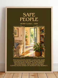 Safe People Minimalist Book Poster by Henry Cloud – framed print leaning on a wooden floor