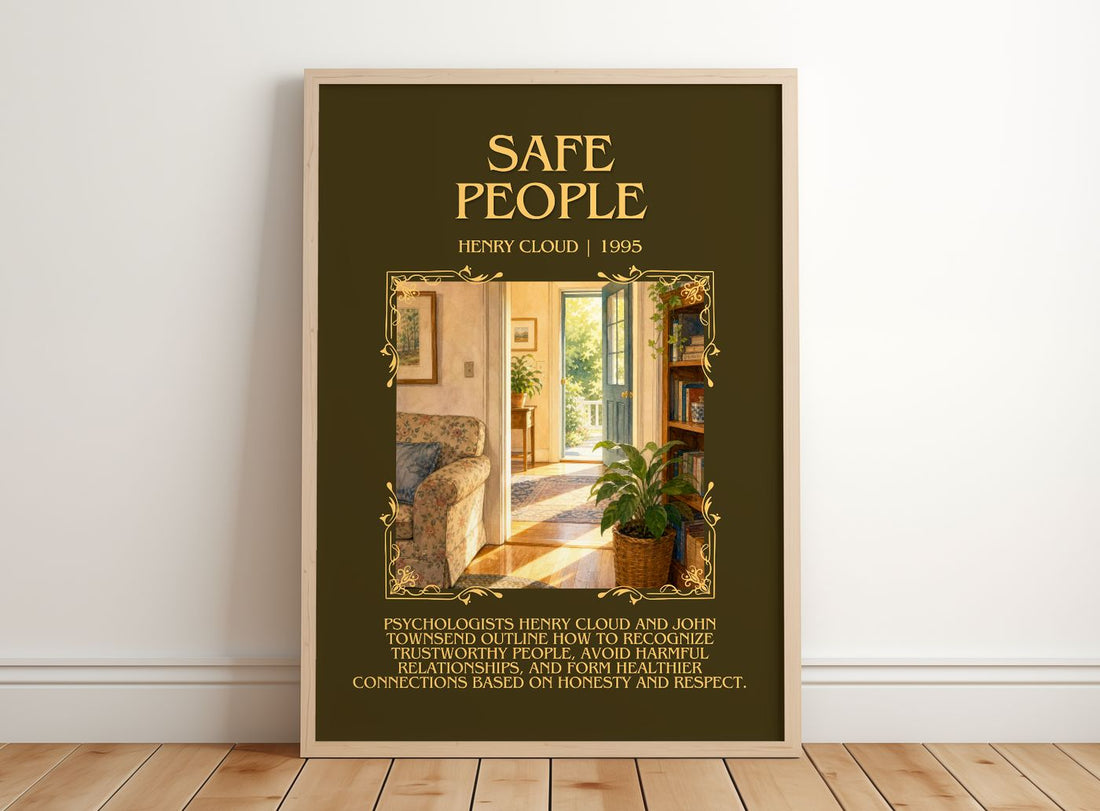 Safe People Minimalist Book Poster by Henry Cloud – framed print leaning on a wooden floor