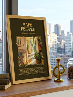 Safe People Minimalist Book Poster by Henry Cloud – framed print on a city-view windowsill