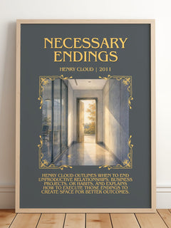 Necessary Endings Minimalist Book Poster by Henry Cloud – framed print leaning on a wooden floor