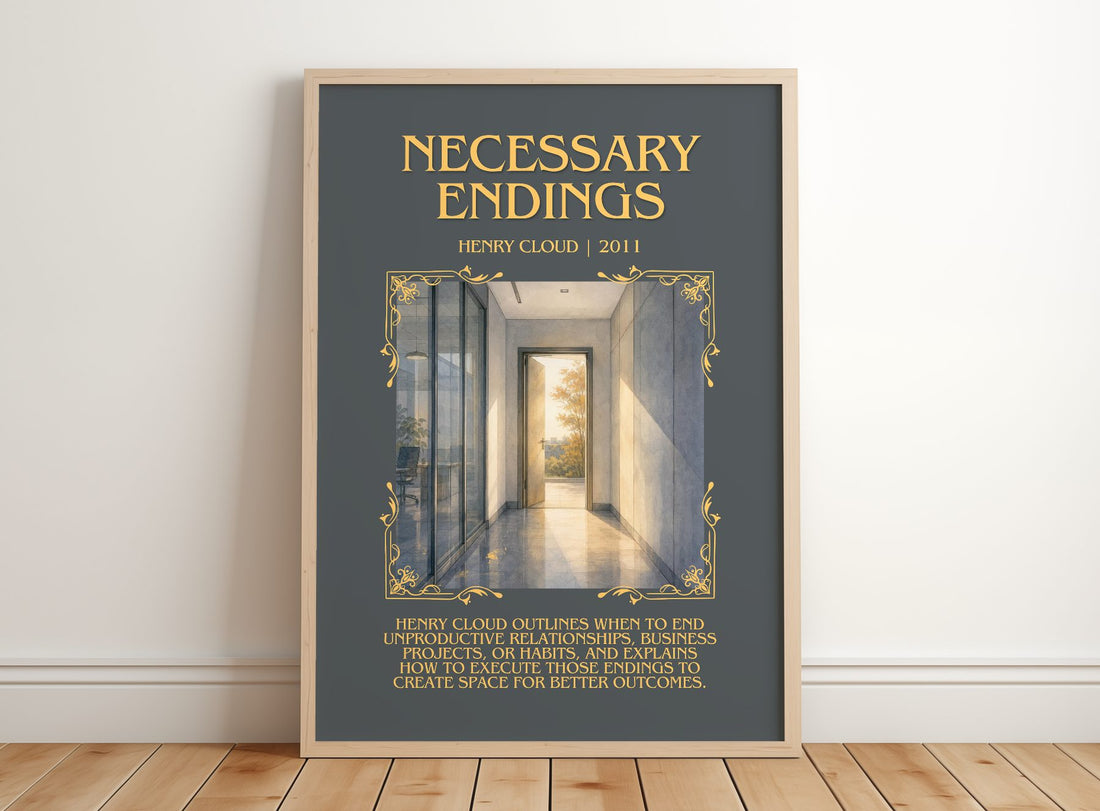 Necessary Endings Minimalist Book Poster by Henry Cloud – framed print leaning on a wooden floor