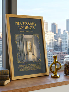 Necessary Endings Minimalist Book Poster by Henry Cloud – framed print on a city-view windowsill