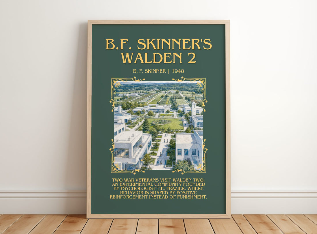 B.F. Skinner's Walden 2 Minimalist Book Poster by B. F. Skinner – framed print leaning on a wooden floor