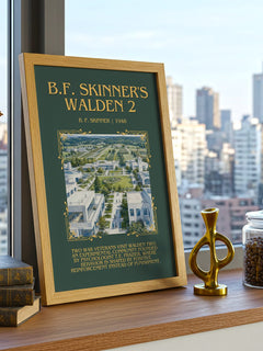 B.F. Skinner's Walden 2 Minimalist Book Poster by B. F. Skinner – framed print on a city-view windowsill