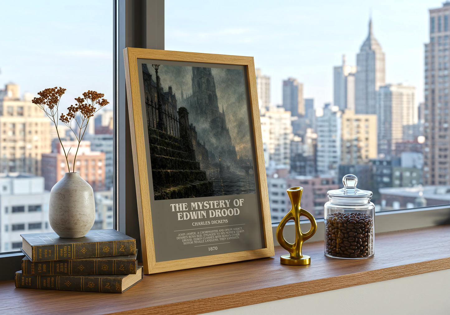 The Mystery Of Edwin Drood bookish print framed by window – literary home decor