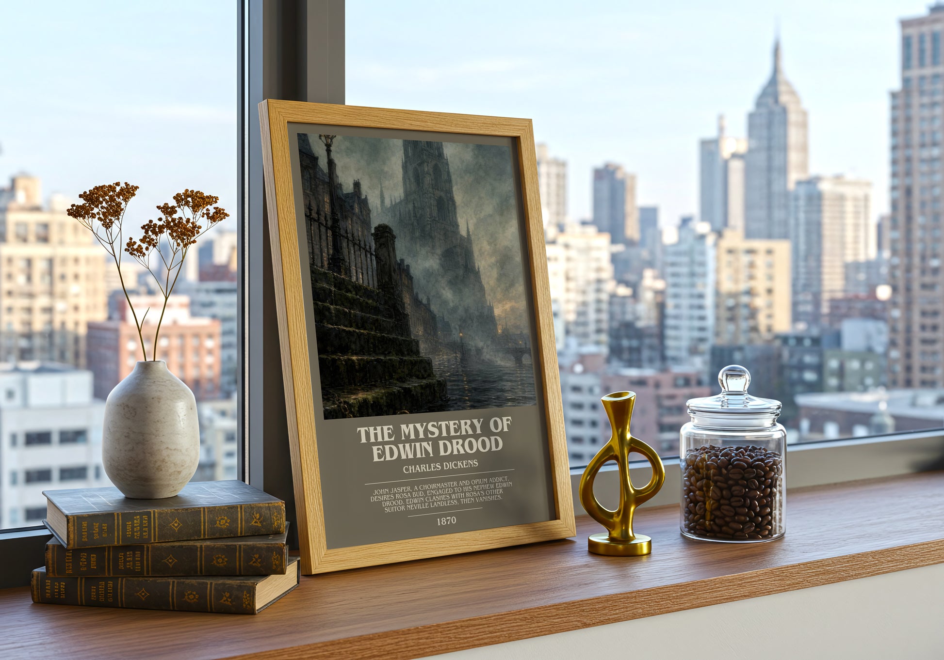 The Mystery Of Edwin Drood bookish print framed by window – literary home decor