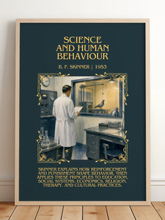 Science and human behaviour Minimalist Book Poster by B. F. Skinner – framed print leaning on a wooden floor