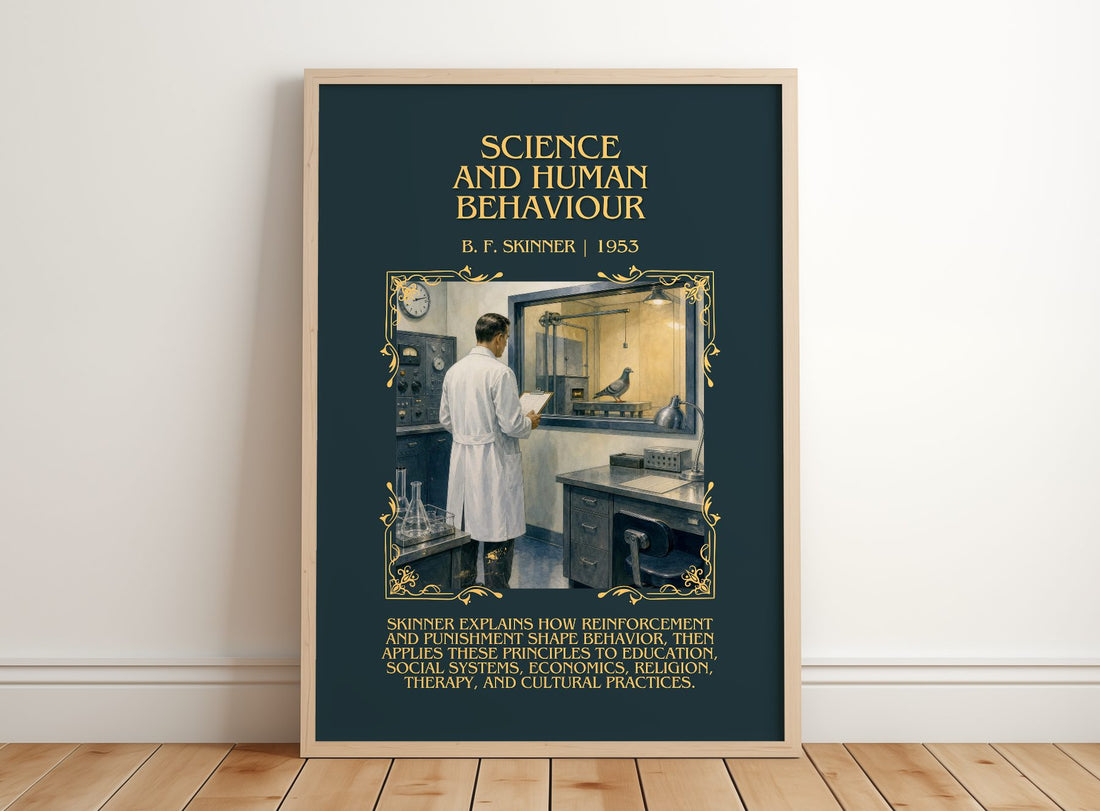 Science and human behaviour Minimalist Book Poster by B. F. Skinner – framed print leaning on a wooden floor