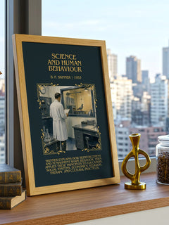 Science and human behaviour Minimalist Book Poster by B. F. Skinner – framed print on a city-view windowsill