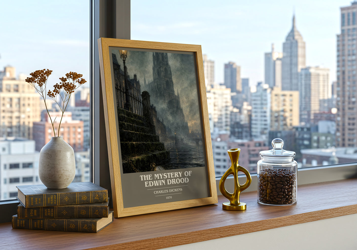 The Mystery Of Edwin Drood book cover print framed by window – literary home decor