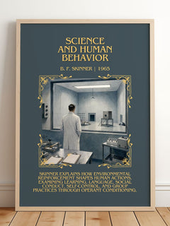 Science And Human Behavior Minimalist Book Poster by B. F. Skinner – framed print leaning on a wooden floor