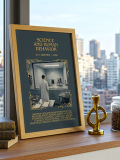 Science And Human Behavior Minimalist Book Poster by B. F. Skinner – framed print on a city-view windowsill