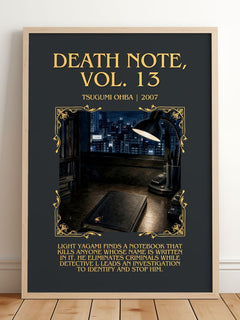Death Note, Vol. 13 Minimalist Book Poster by Tsugumi Ohba – framed print leaning on a wooden floor