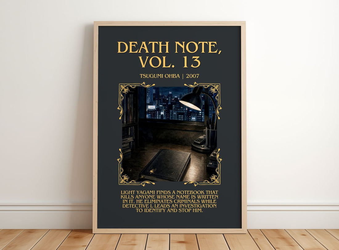 Death Note, Vol. 13 Minimalist Book Poster by Tsugumi Ohba – framed print leaning on a wooden floor