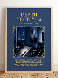 Death Note #1-2 Minimalist Book Poster by Tsugumi Ohba – framed print leaning on a wooden floor