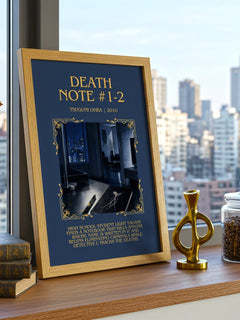 Death Note #1-2 Minimalist Book Poster by Tsugumi Ohba – framed print on a city-view windowsill