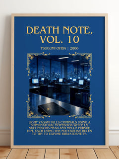 Death Note, Vol. 10 Minimalist Book Poster by Tsugumi Ohba – framed print leaning on a wooden floor
