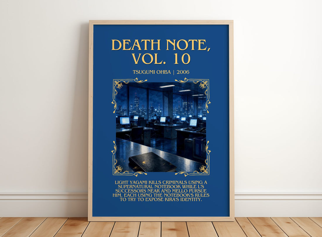 Death Note, Vol. 10 Minimalist Book Poster by Tsugumi Ohba – framed print leaning on a wooden floor