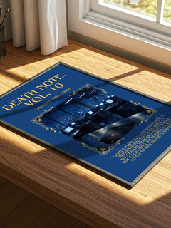 Death Note, Vol. 10 Minimalist Book Poster by Tsugumi Ohba – print on a sunlit desk