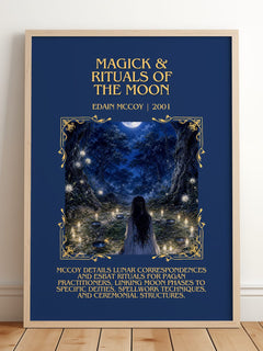 Magick & rituals of the moon Minimalist Book Poster by Edain McCoy – framed print leaning on a wooden floor