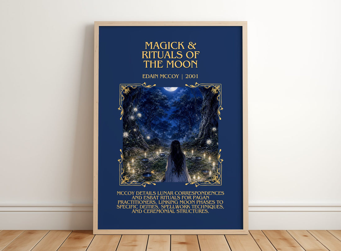 Magick & rituals of the moon Minimalist Book Poster by Edain McCoy – framed print leaning on a wooden floor